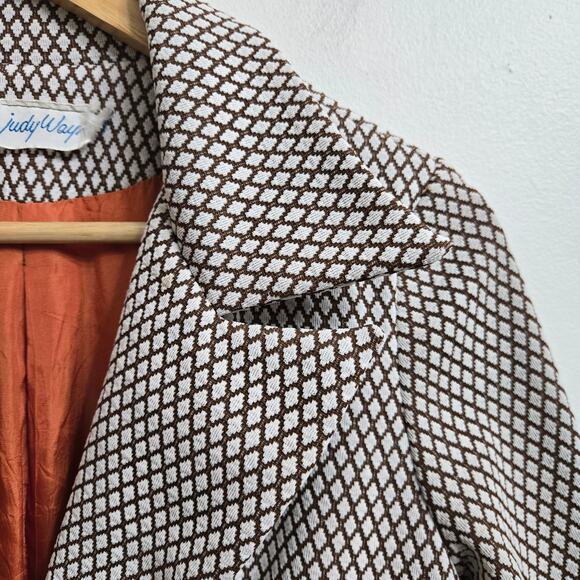 Judy Wayne Womens Vintage 60s Mod Diamond Knit Double Breasted Brown Overcoat 13 - Picture 3 of 12